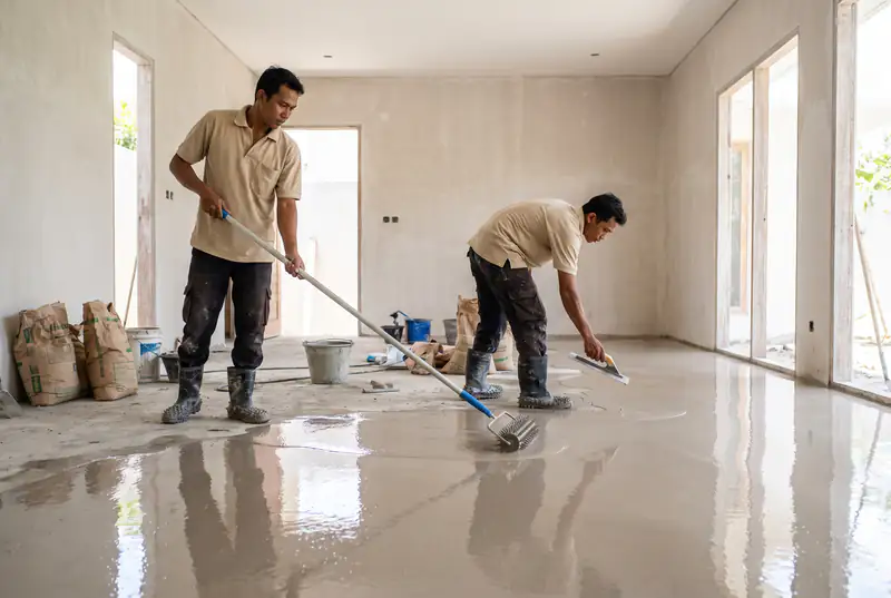Workers spreading self-leveling floor screed with a spiked roller in a Bali villa