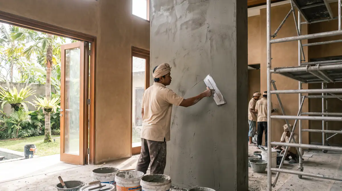 Plasterer smoothing fresh skim coat on a villa wall in Bali with a steel trowel