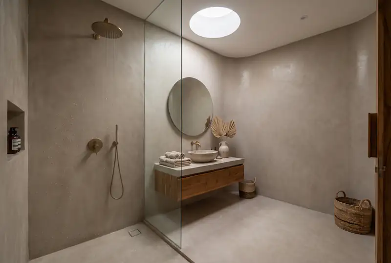Seamless microcement bathroom walls and floor in a Bali villa