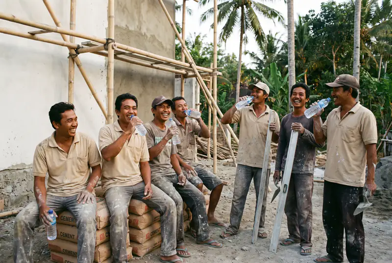 Our plastering crew on a break at a Bali villa site, plaster-stained and laughing