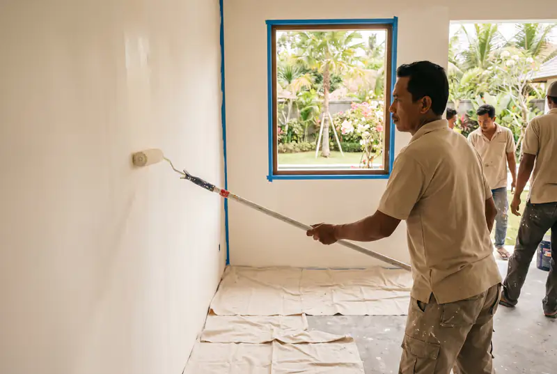 Professional painter rolling warm white paint onto a smooth villa wall in Bali