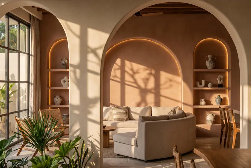 Hand-crafted plaster arches and curved niches in a Bali villa