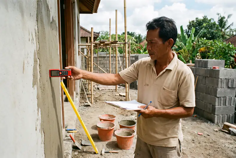 Foreman measuring a villa wall with a laser meter to estimate plastering cost in Bali