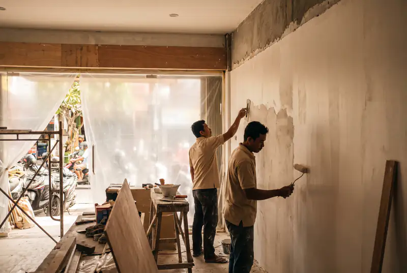 Workers plastering and painting a feature wall in a Denpasar commercial space