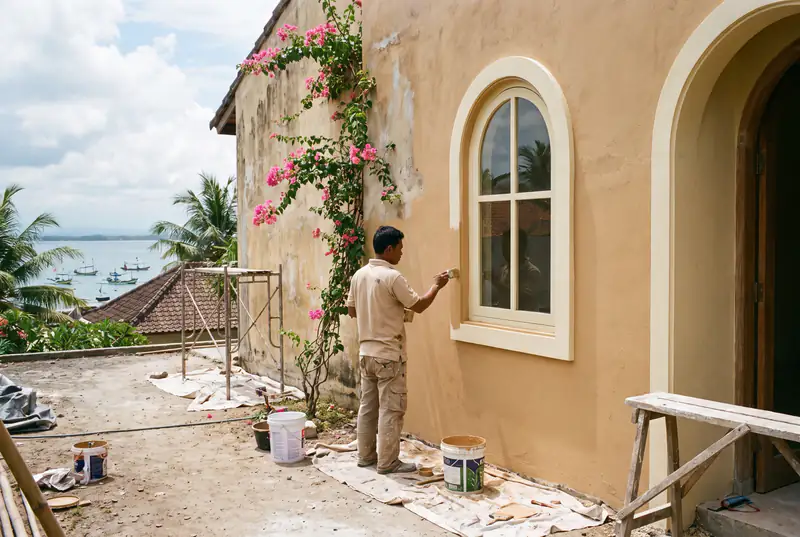 Painter cutting crisp edges around arched windows of a Jimbaran villa in Bali