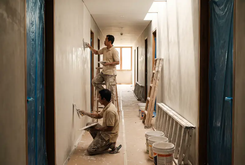 Two finishers skim coating a boutique hotel corridor in Kerobokan Bali