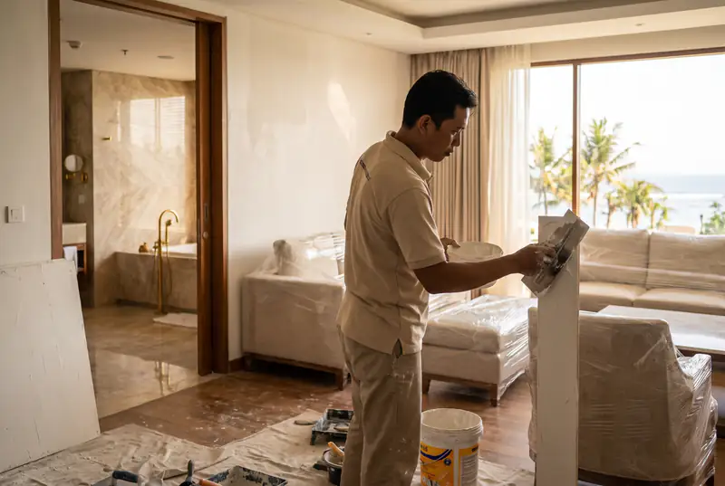 Finisher renewing the walls of a furnished villa suite during a full finishing renovation in Bali