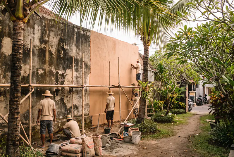 Craftsman restoring a weathered villa facade in Bali, old plaster half renewed