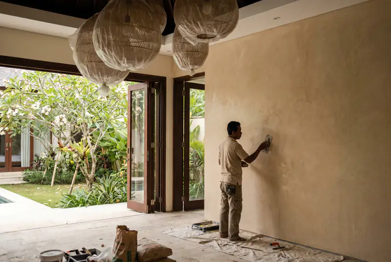 Craftsman polishing a decorative sand-tone plaster wall in Seminyak