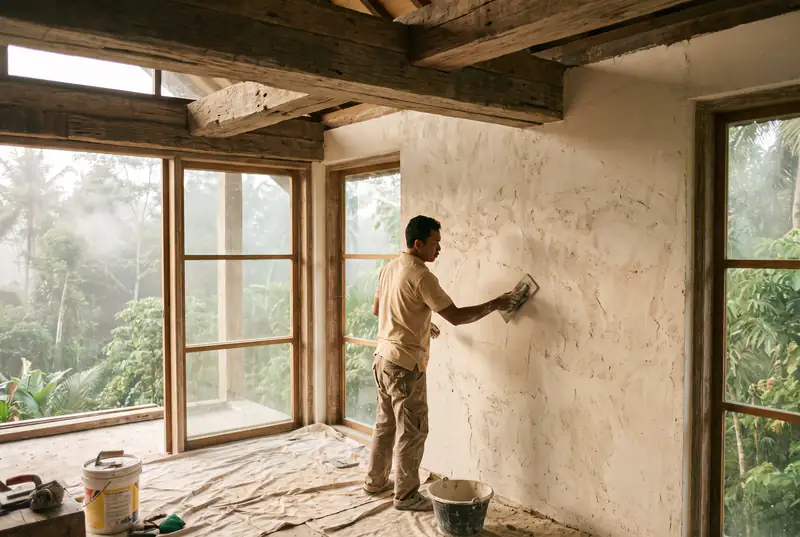 Plasterer applying breathable lime plaster in a jungle villa near Ubud Bali