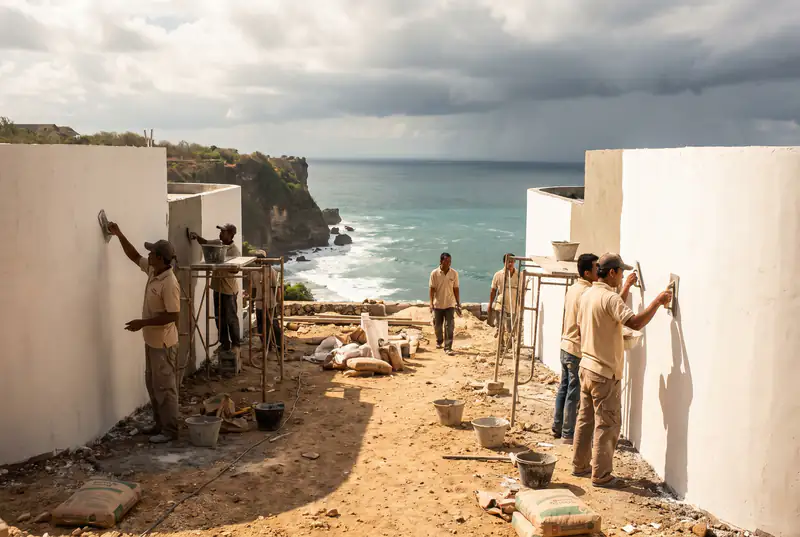White exterior render on curved clifftop villa walls in Uluwatu