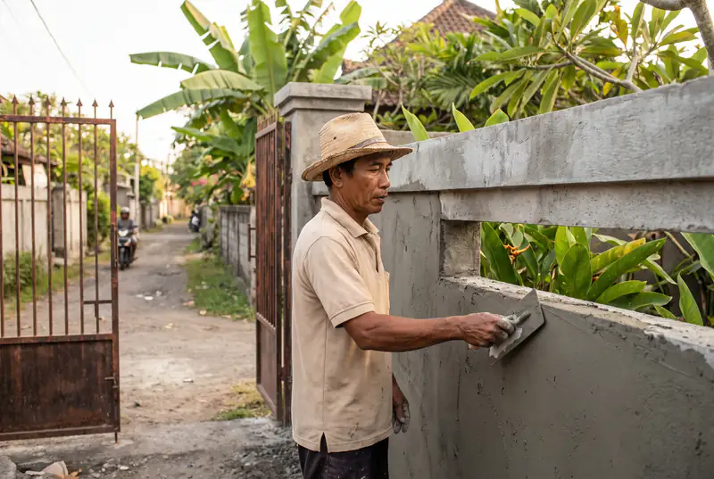 Plasterer rendering a garden boundary wall of a family villa in Umalas Bali