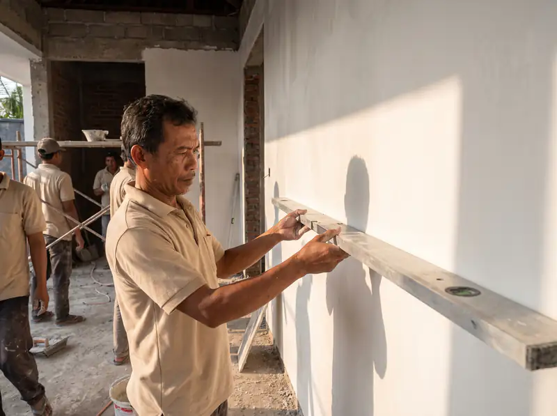 Plasterer checking wall flatness with a 2-metre straightedge under raking light