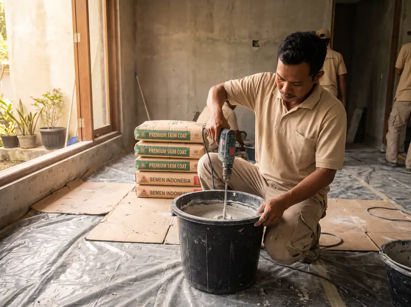 Worker mixing wall putty with a paddle mixer on a protected villa floor in Bali