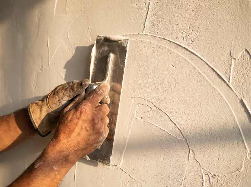 Close-up of a steel trowel spreading smooth white wall putty in Bali