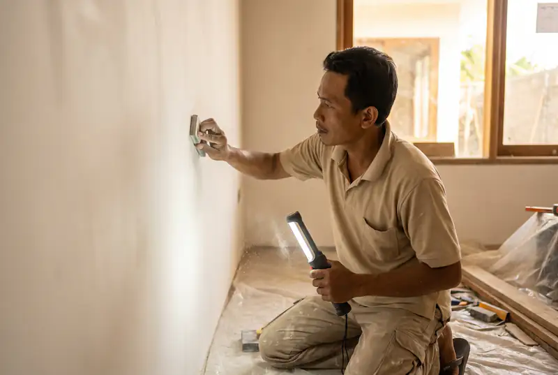 Finisher sanding a smooth skim coated wall under raking lamp light in a Bali villa