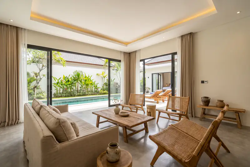 Completed Bali villa living room with smooth painted walls, ceiling and polished floor