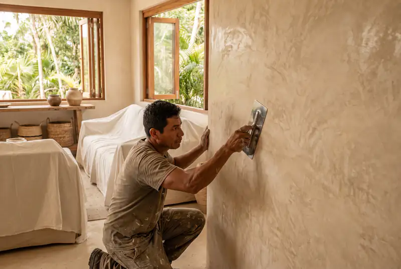 Craftsman polishing a beige Venetian plaster feature wall in a luxury Bali villa