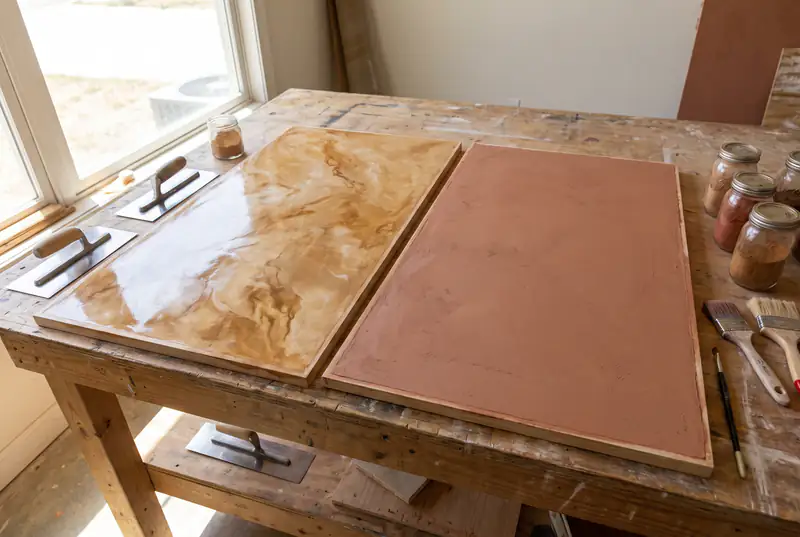 Venetian plaster sample board next to a flat painted board for comparison
