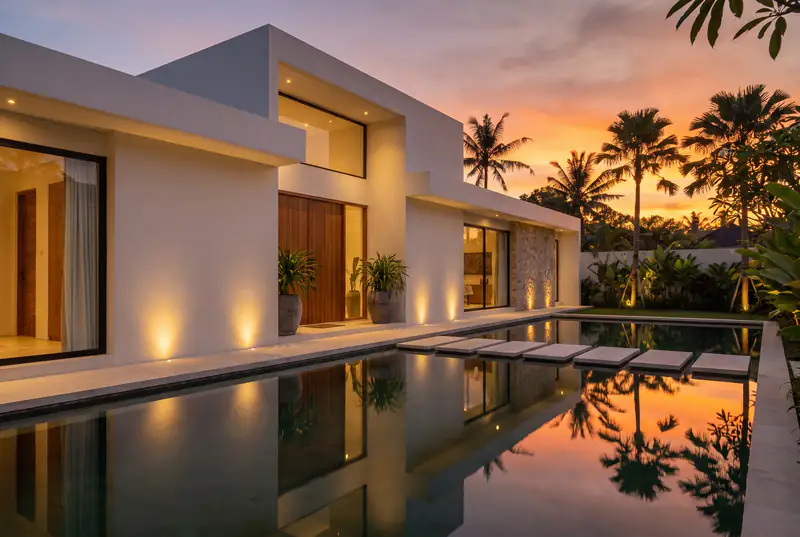 Finished Bali villa facade with flawless smooth white render at golden hour
