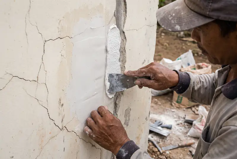 Craftsman repairing a wall crack with mesh tape and elastic filler in Bali
