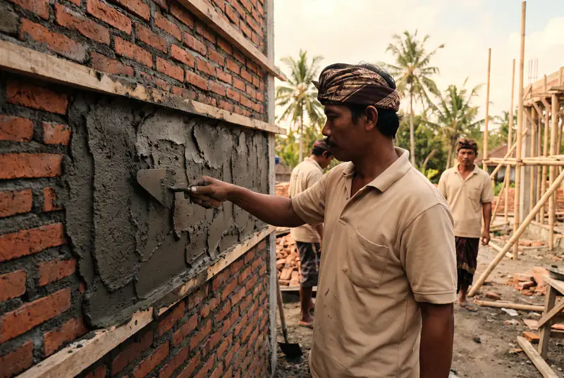 Plasterer applying cement render to a brick villa wall in Bali